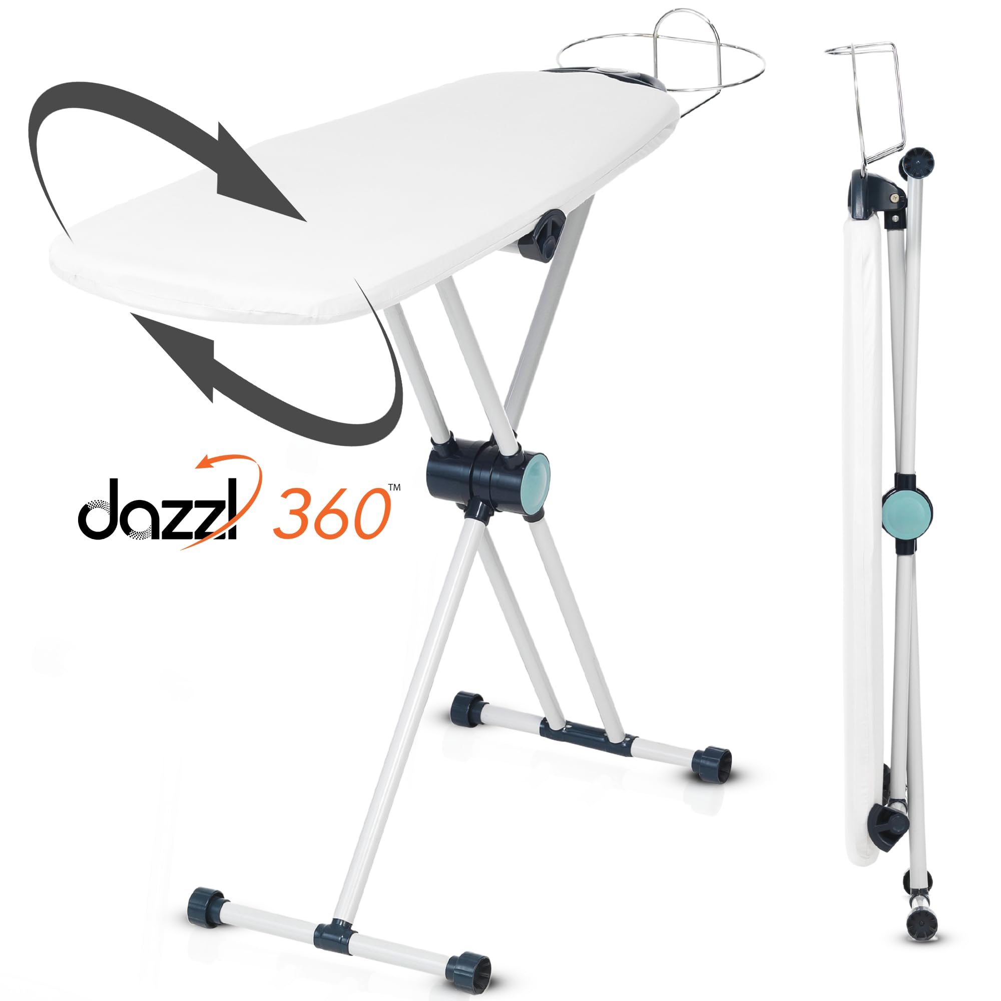 Dazzl 360 height-adjustable design enables ergonomic ironing while standing or sitting.
