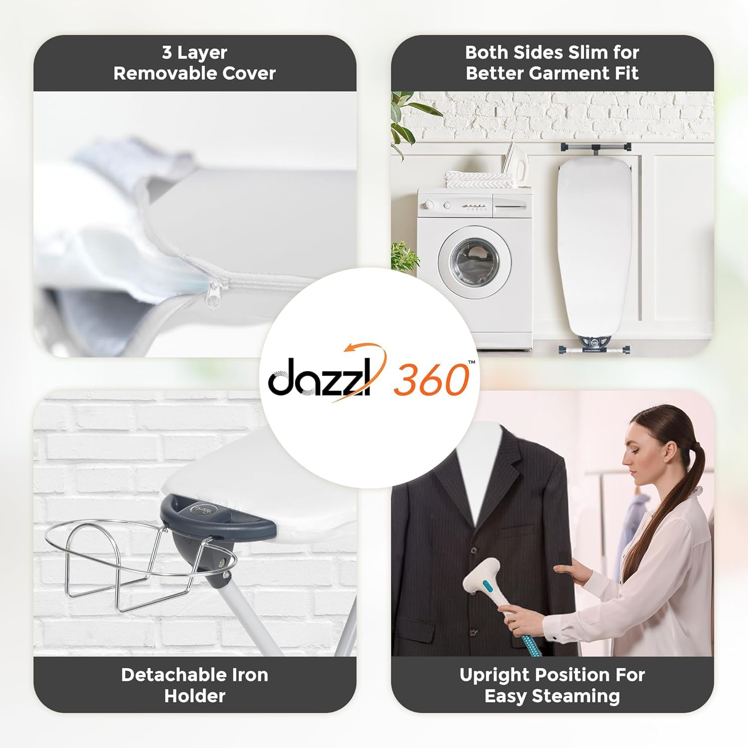 Dazzl 360 torso-shaped surface supports shoulders and sleeves for smooth pressing.