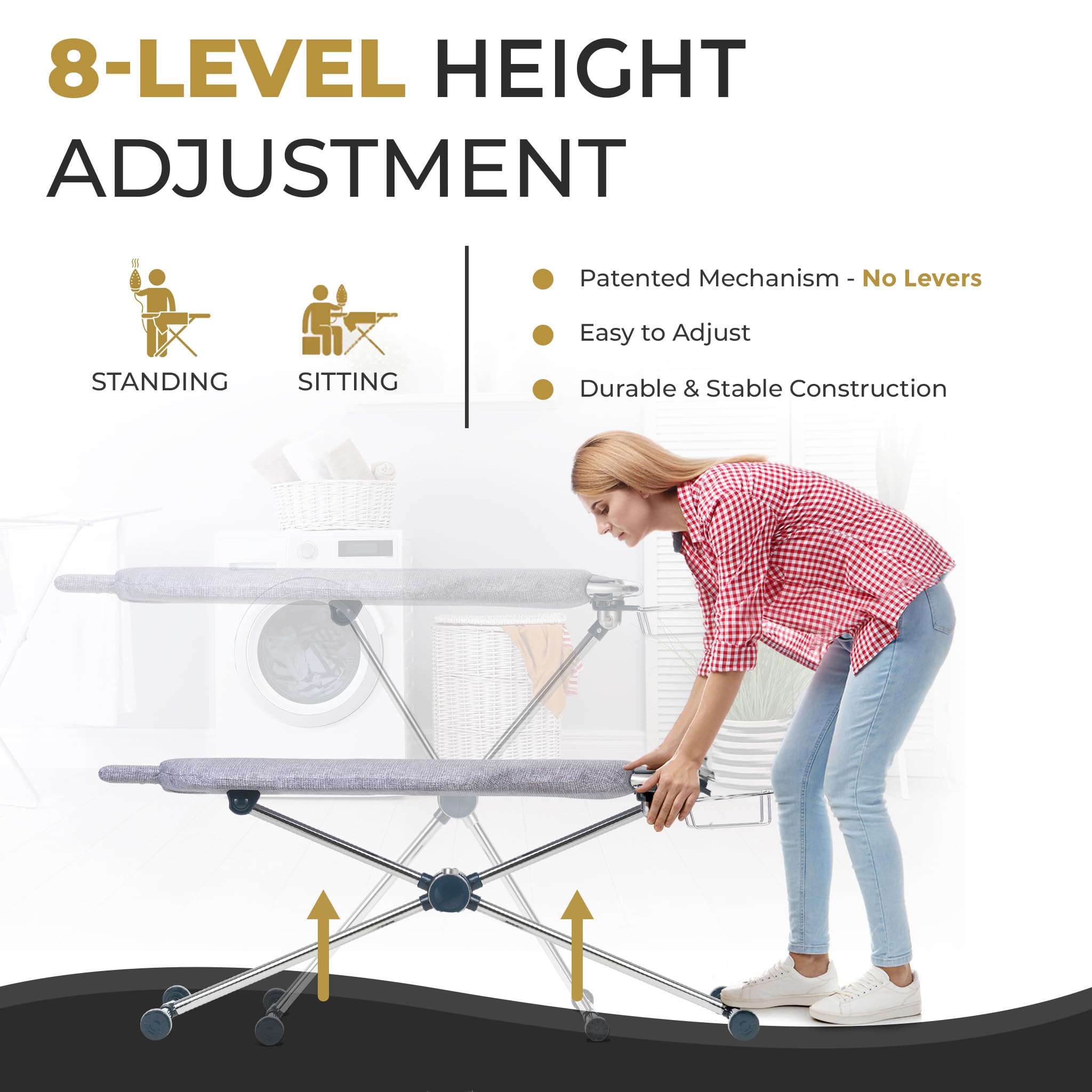 Dazzl folding ironing board with height adjustment for ergonomic ironing.