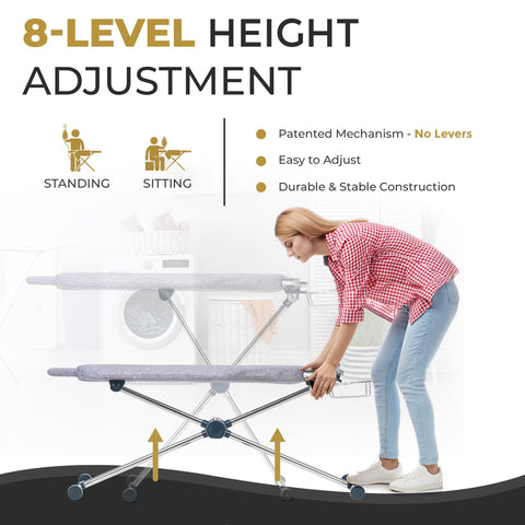 Dazzl folding ironing board with height adjustment for ergonomic ironing.