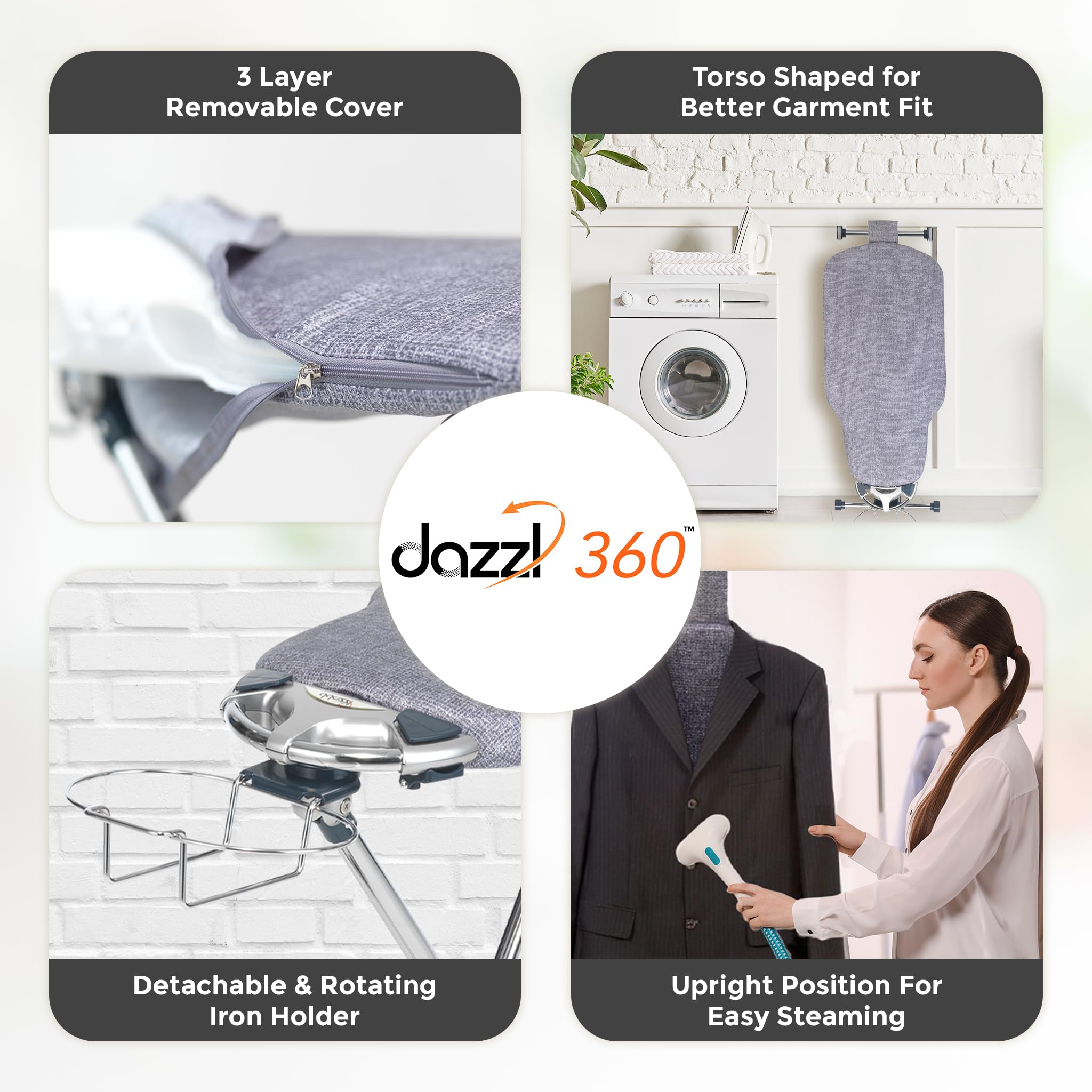 Dazzl torso-shaped board supports shoulders and collars for smooth ironing.