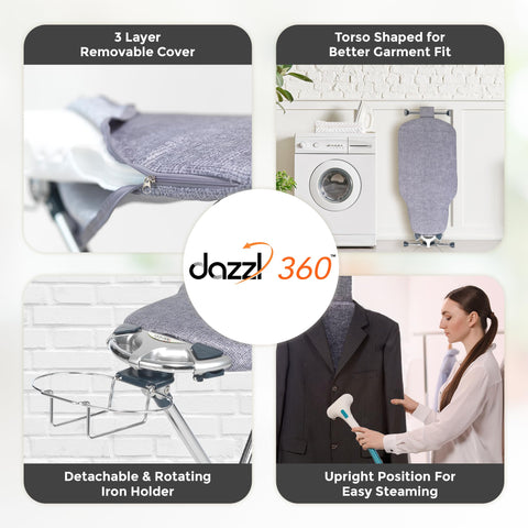 Dazzl torso-shaped board supports shoulders and collars for smooth ironing.