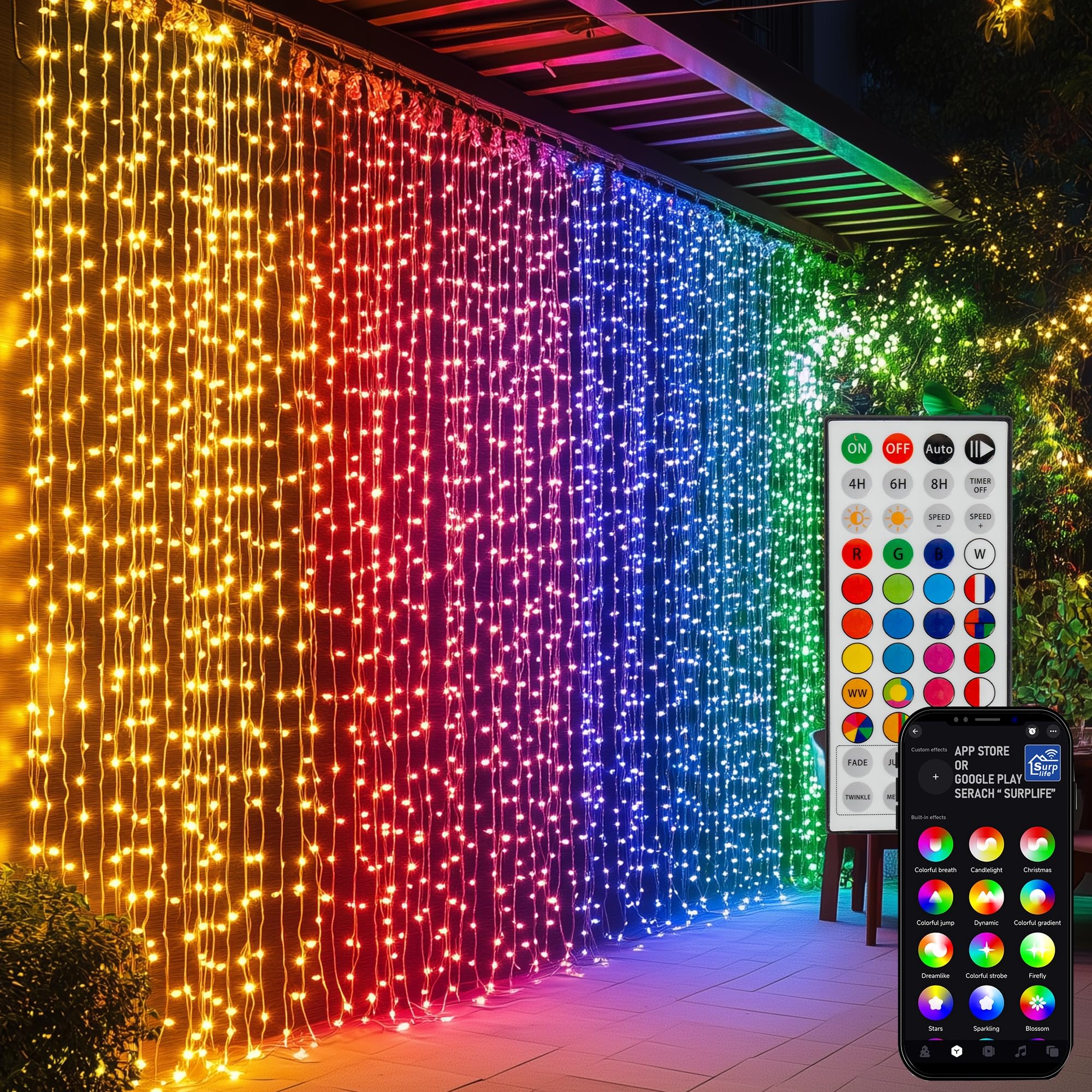 Dazzle Bright 300 LED curtain light drapes your window with vibrant RGB colors.
