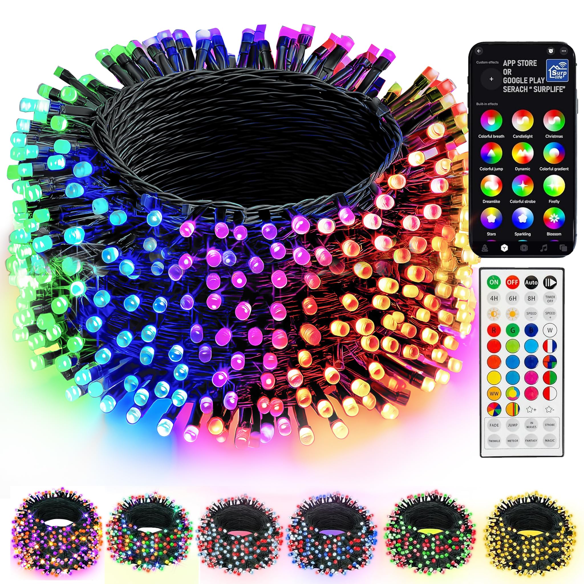 Dazzle Bright smart color-changing Christmas lights show the 66ft length and 200 LEDs for versatile decorating.