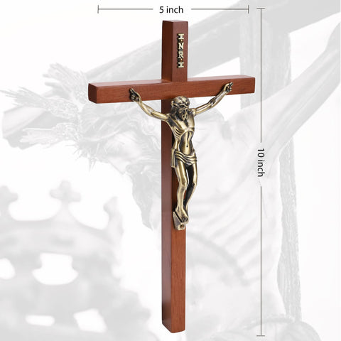 DCCXN crucifix wall cross wood antique brass plate detail for focal spiritual centerpiece.