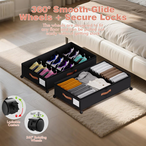 DCET rolling under-bed bin with wheels glides smoothly on carpet and hardwood.