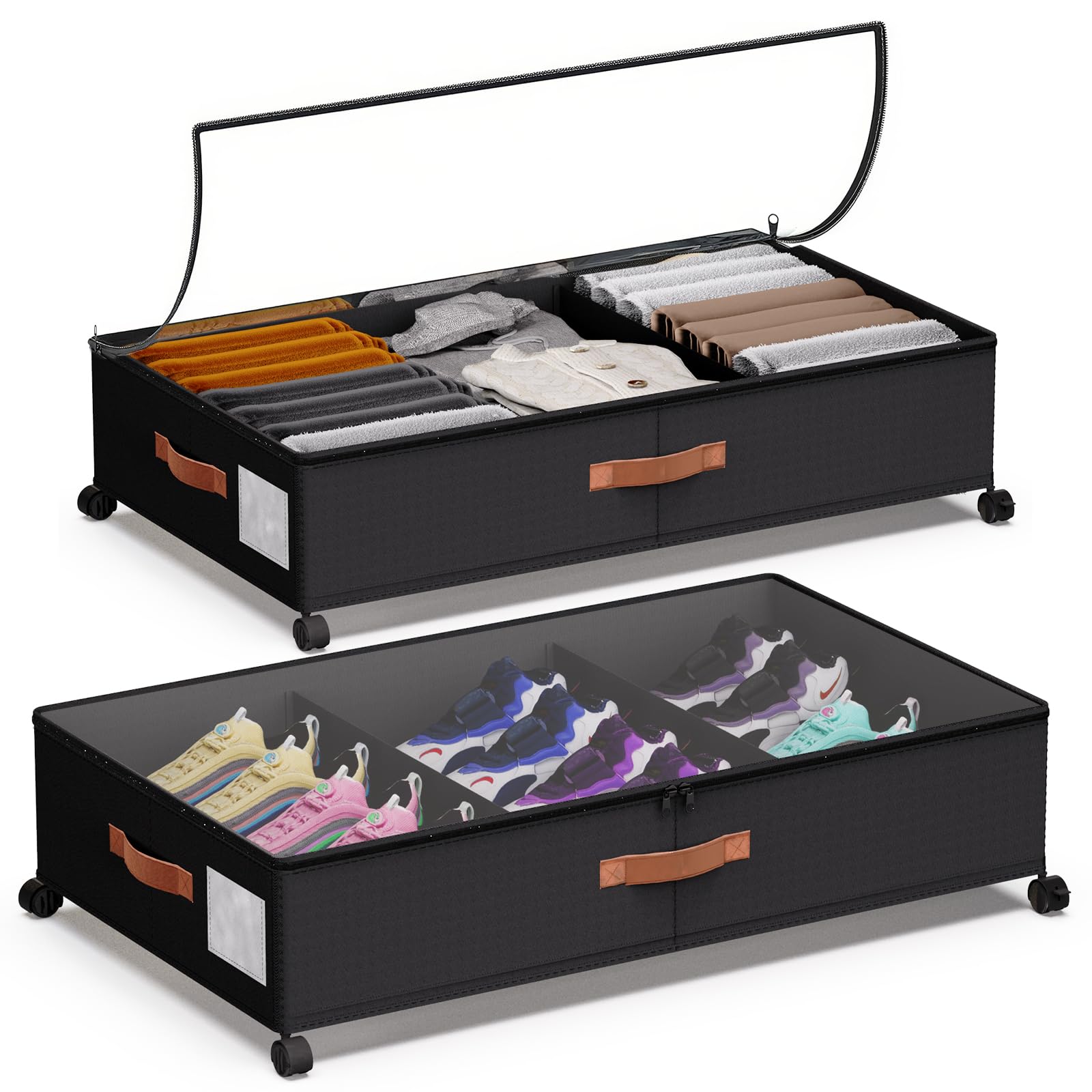 DCET under-bed storage 66L rolling container with clear lid keeps clothes organized.