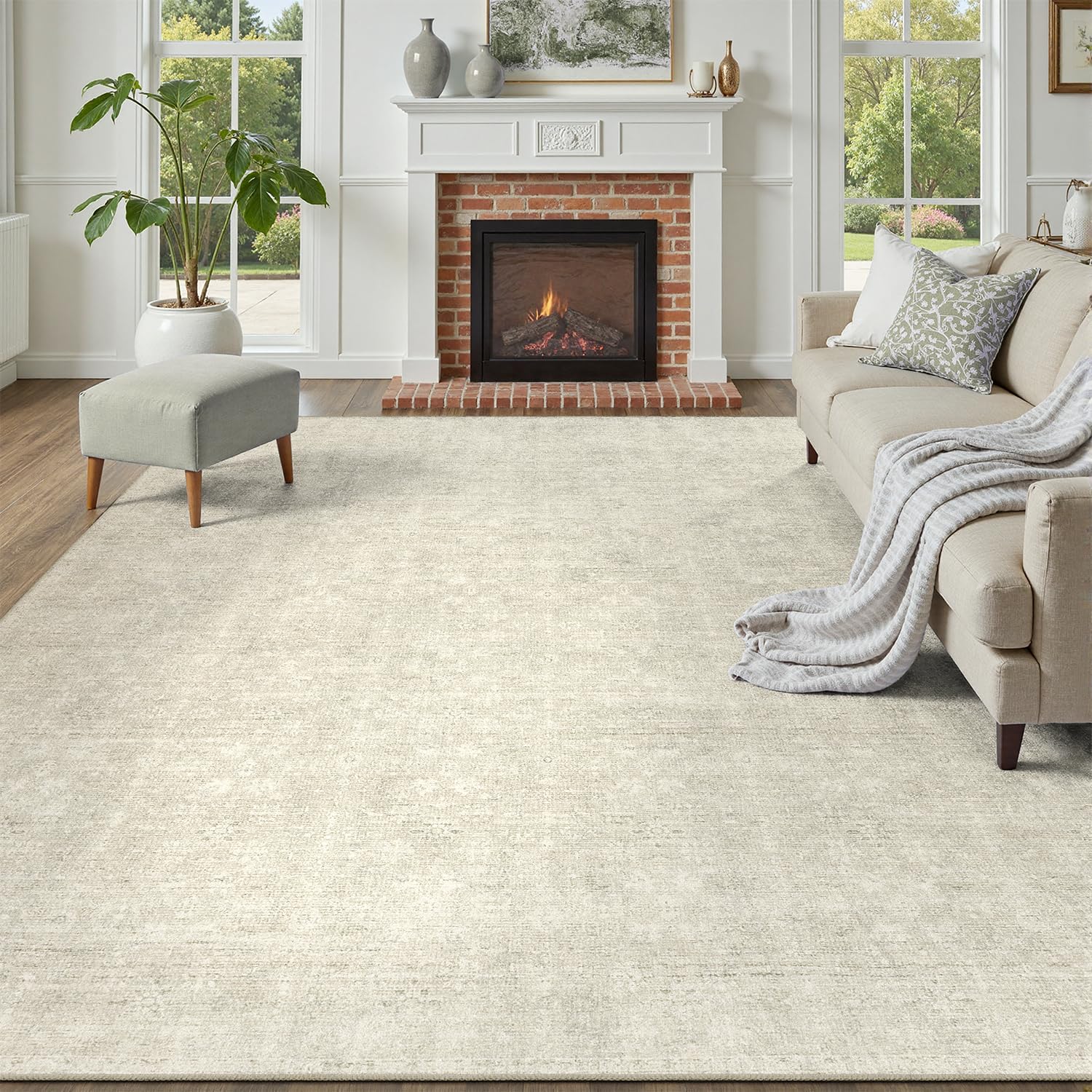 DCX 5x7 beige rug close-up of soft pile for barefoot comfort
