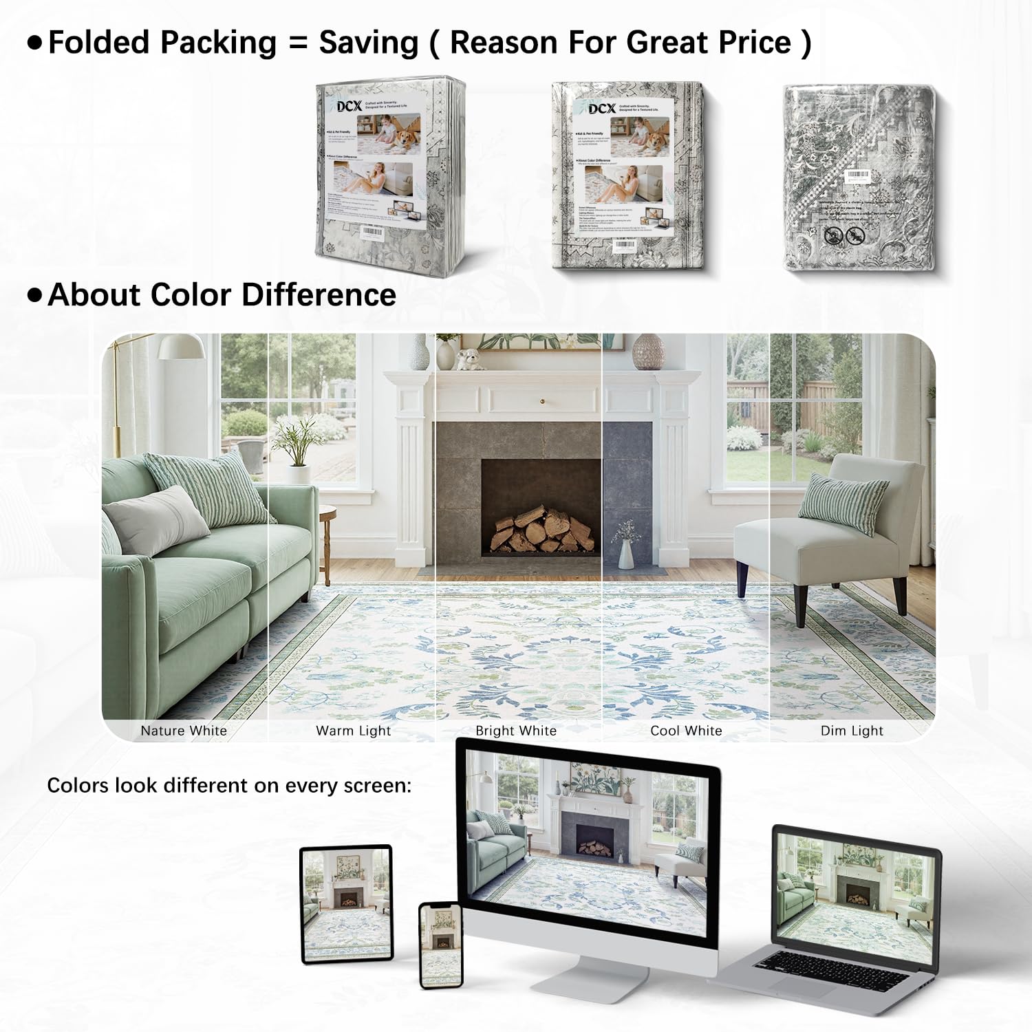 DCX Green 9x12 rug placed in living room highlights easy maintenance and style.