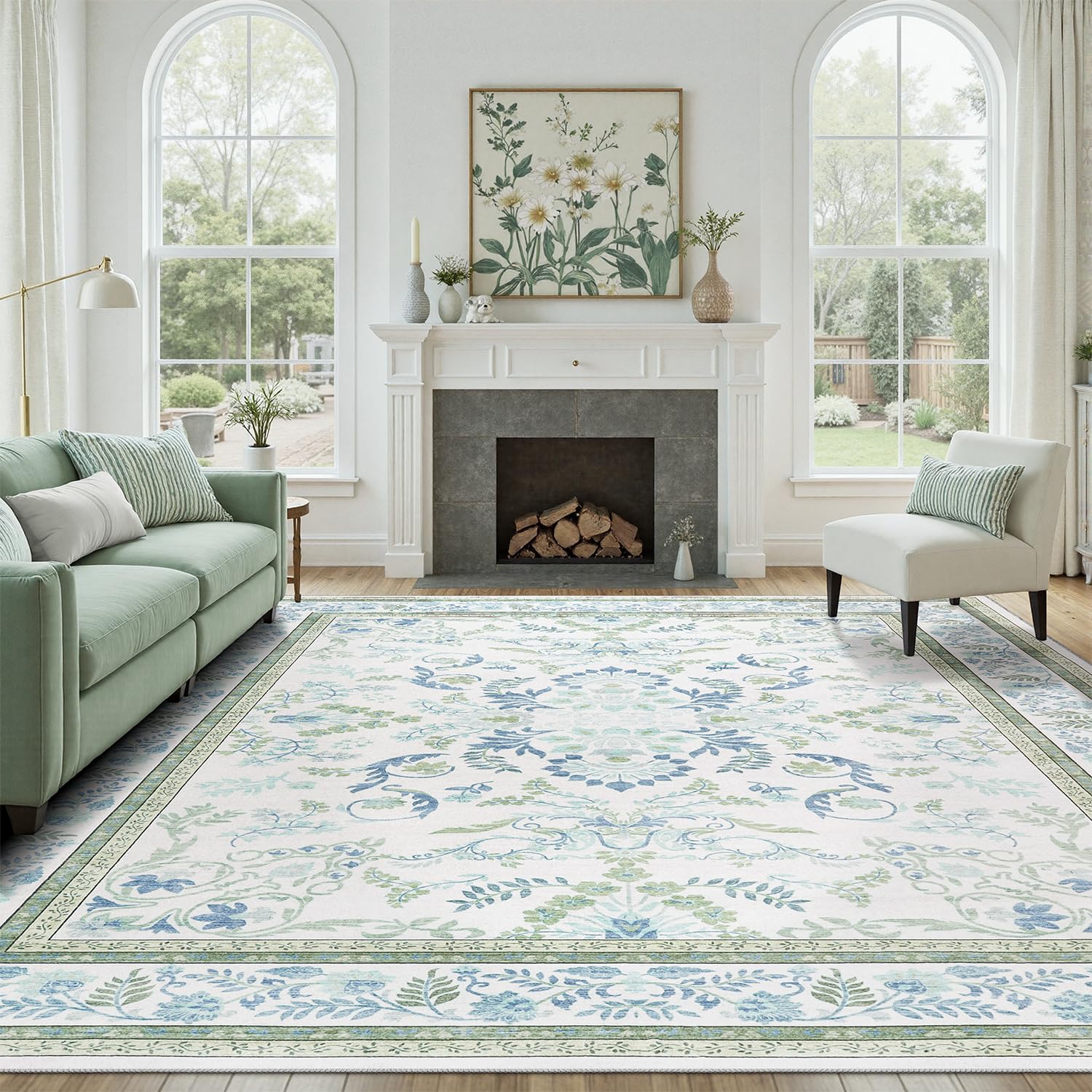 DCX Green 9x12 rug with non-slip backing stays put on wood floors for safer play.