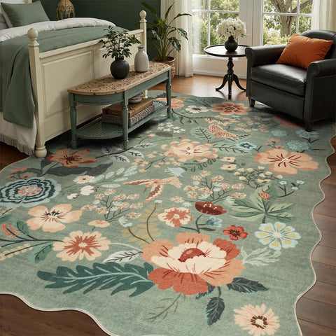 DCX Vintage Floral Rug scalloped design adds cozy botanical charm.