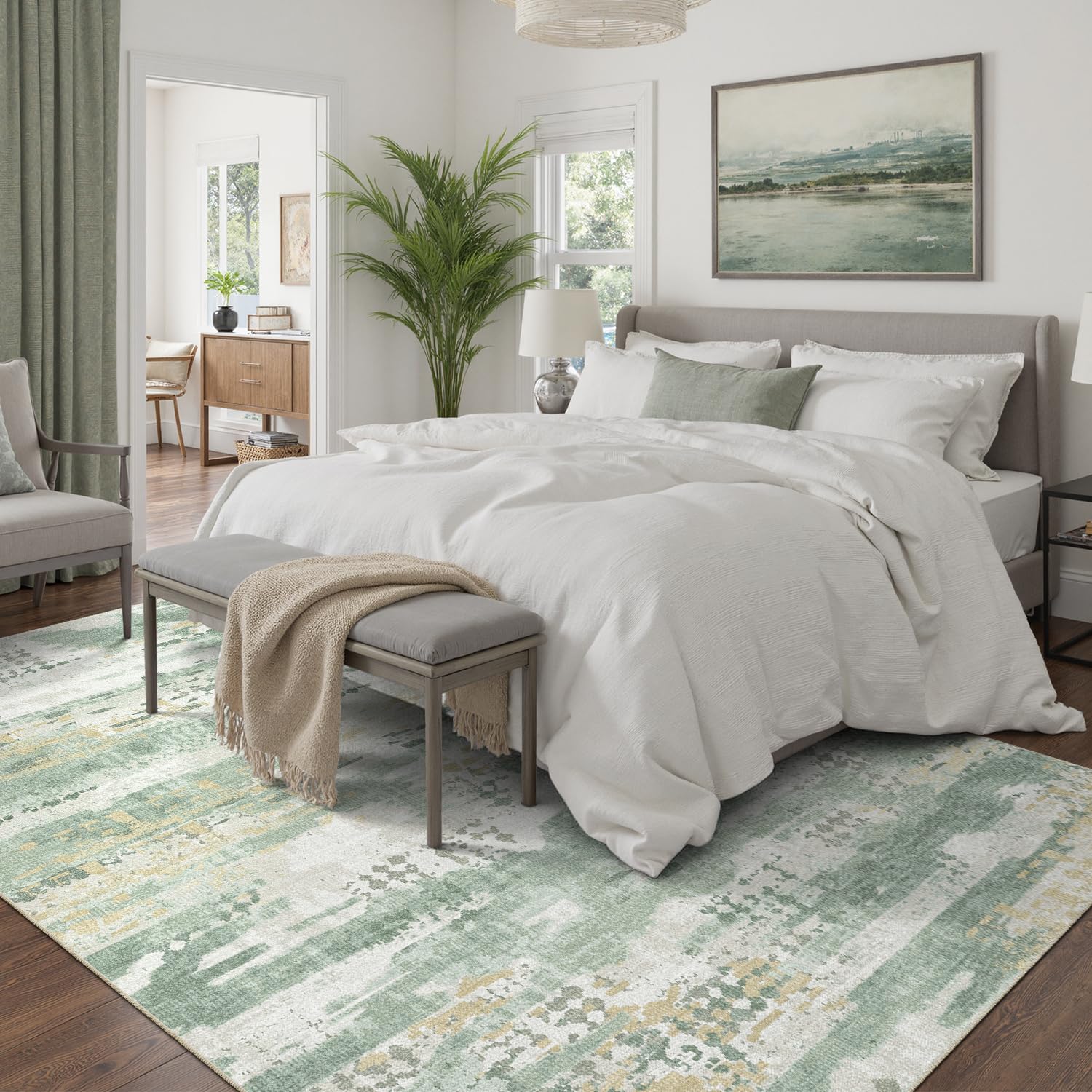 DCX Washable Sage-Green Rug featuring soft texture and family-friendly maintenance.