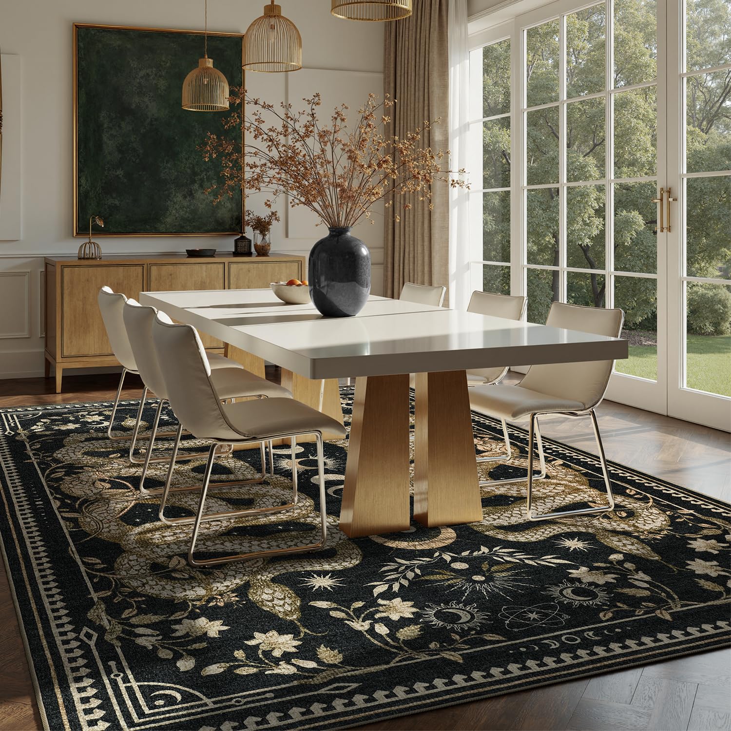 DCX Washable Snake Rug floral occult pattern enhances dramatic ambiance without overpowering decor