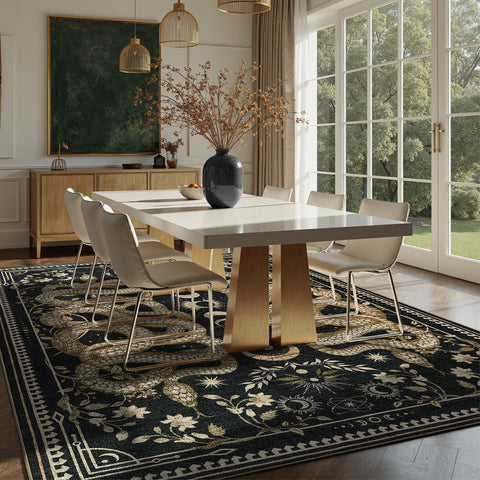 DCX Washable Snake Rug floral occult pattern enhances dramatic ambiance without overpowering decor