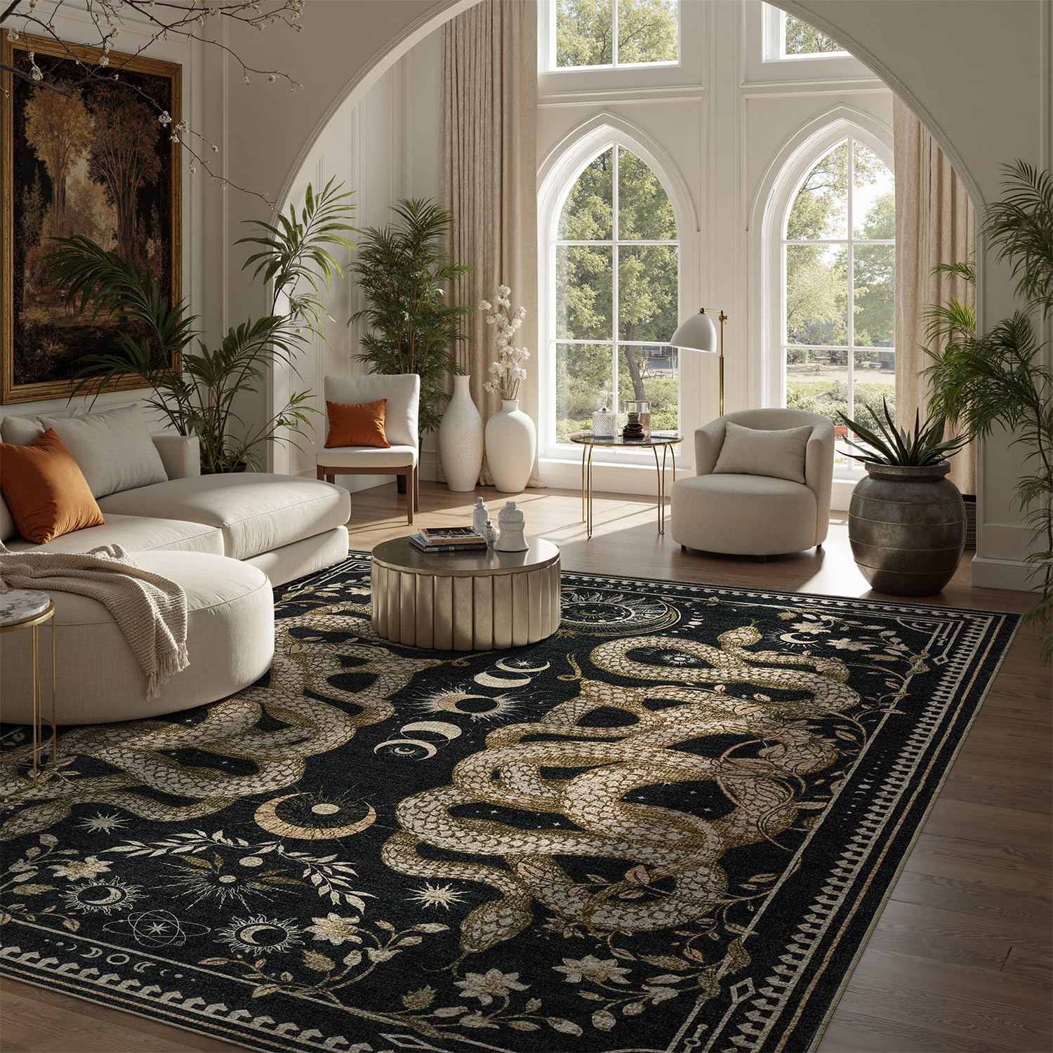 DCX Washable Snake Rug moon phase detail highlights gothic motif for chic spaces