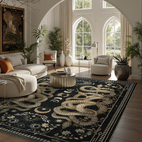 DCX Washable Snake Rug moon phase detail highlights gothic motif for chic spaces