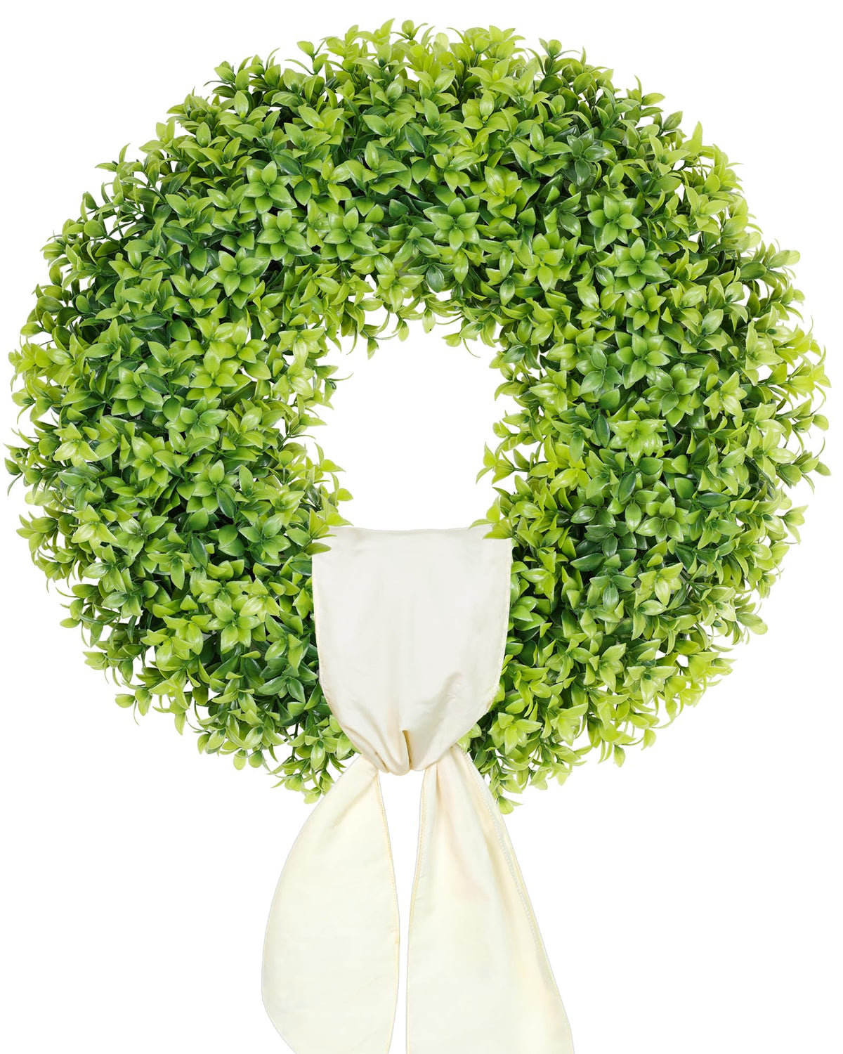 DDHS 19-inch Boxwood Wreath on front door with gradient greens for year-round charm.