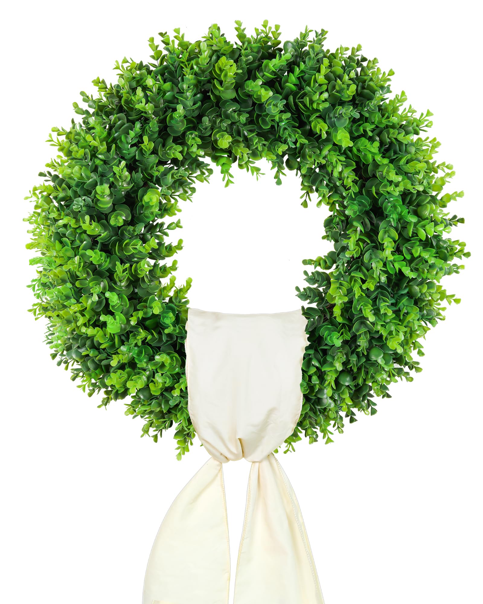 DDHS 20-inch boxwood wreath on front door with inviting look