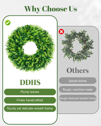 DDHS boxwood wreath built-in hook for easy hanging.