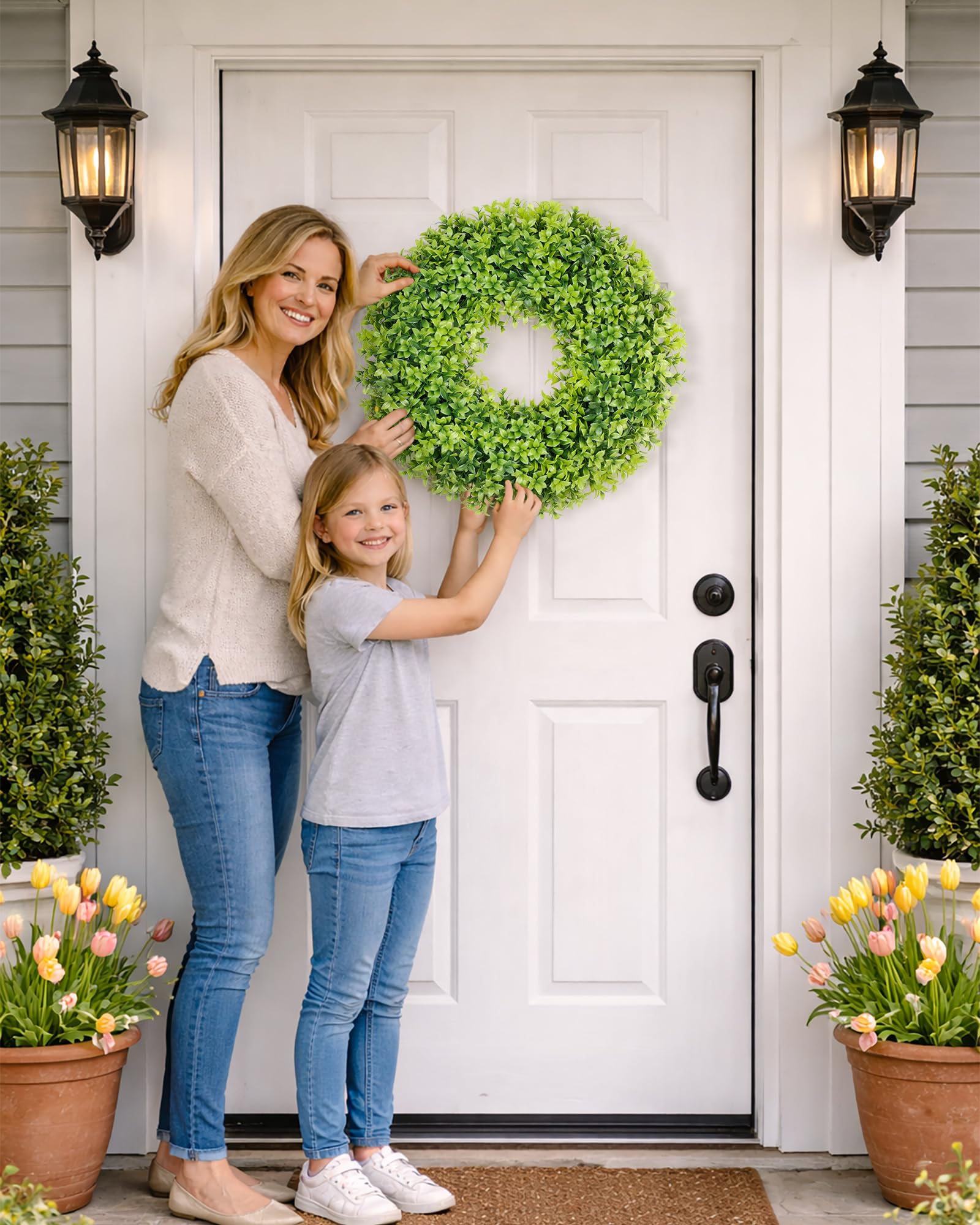 DDHS Wreath features an elegant beige ribbon for versatile styling.