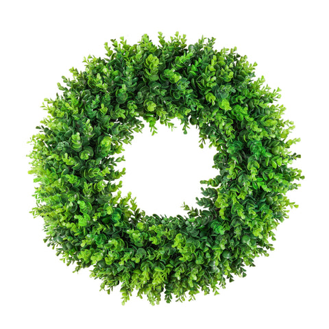 DDHS 24-inch boxwood wreath with hello sign on front door boosts curb appeal