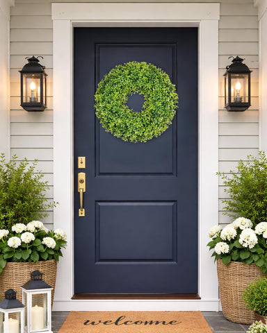 DDHS Boxwood Wreath enhances entryways and porches with natural charm.