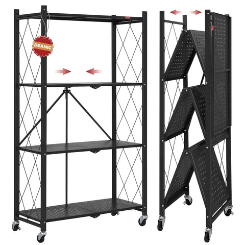 DEANIC four-tier foldable shelves with wheels for mobile storage in any room.