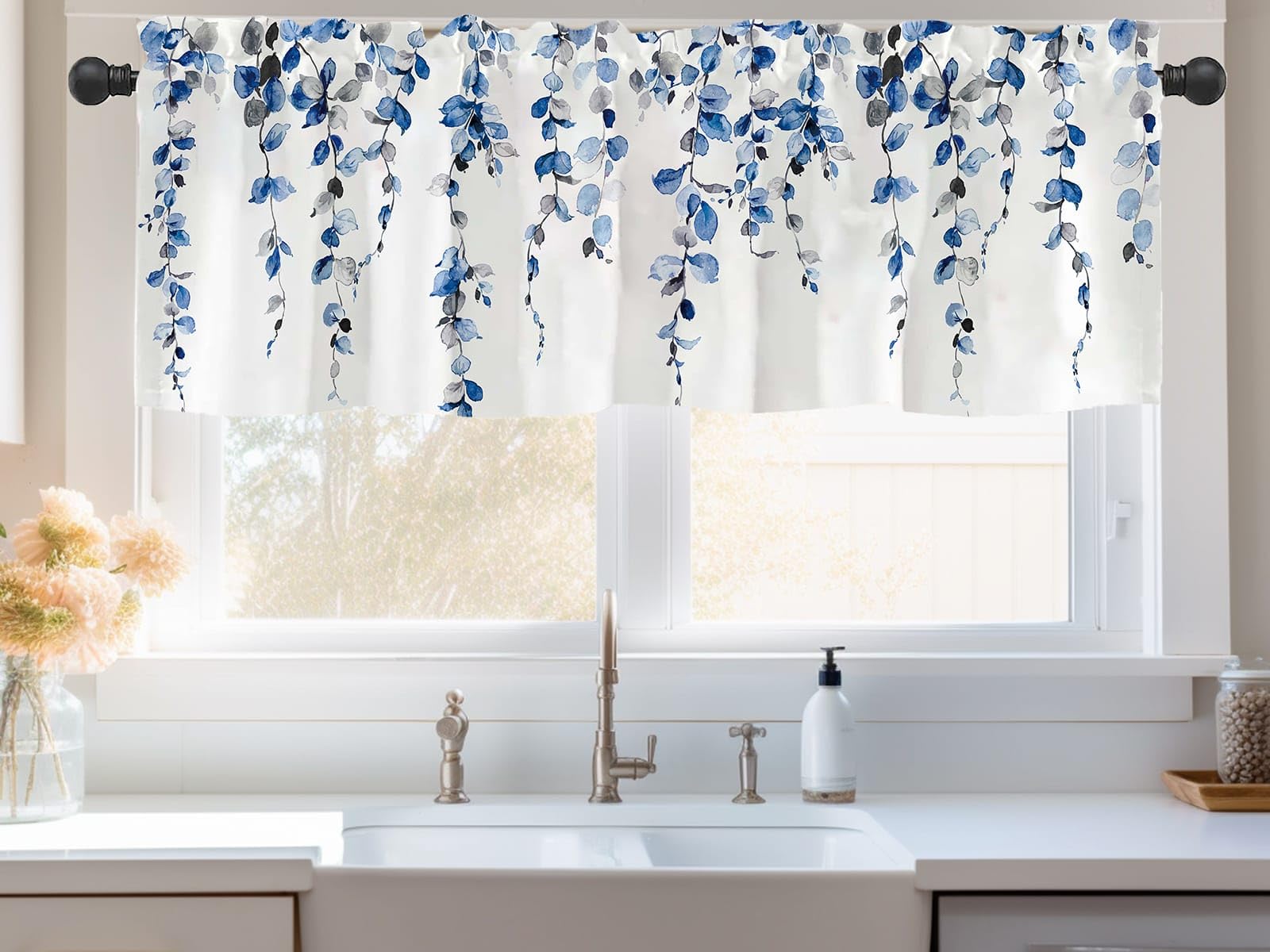 Debraleye watercolor blue leaves valance panel with leaf print for living rooms