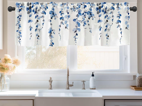 Debraleye watercolor blue leaves valance panel with leaf print for living rooms