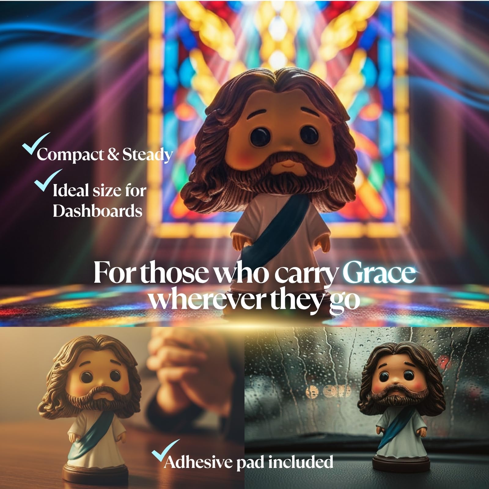 DECCED baby blue Jesus bobblehead enhances car decor with subtle faith.