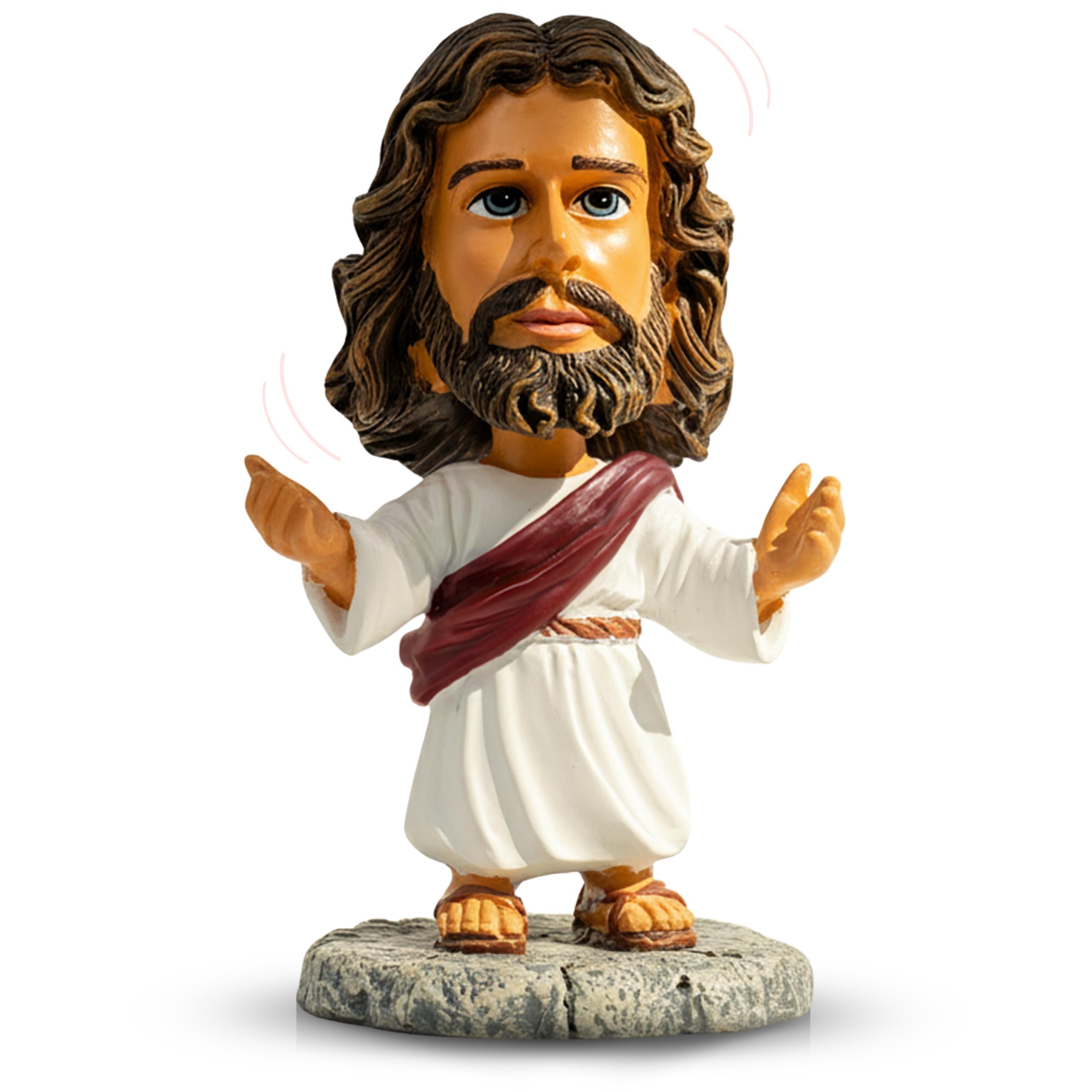 DECCED Jesus bobblehead on dashboard with lifelike details for inspiring car journeys.