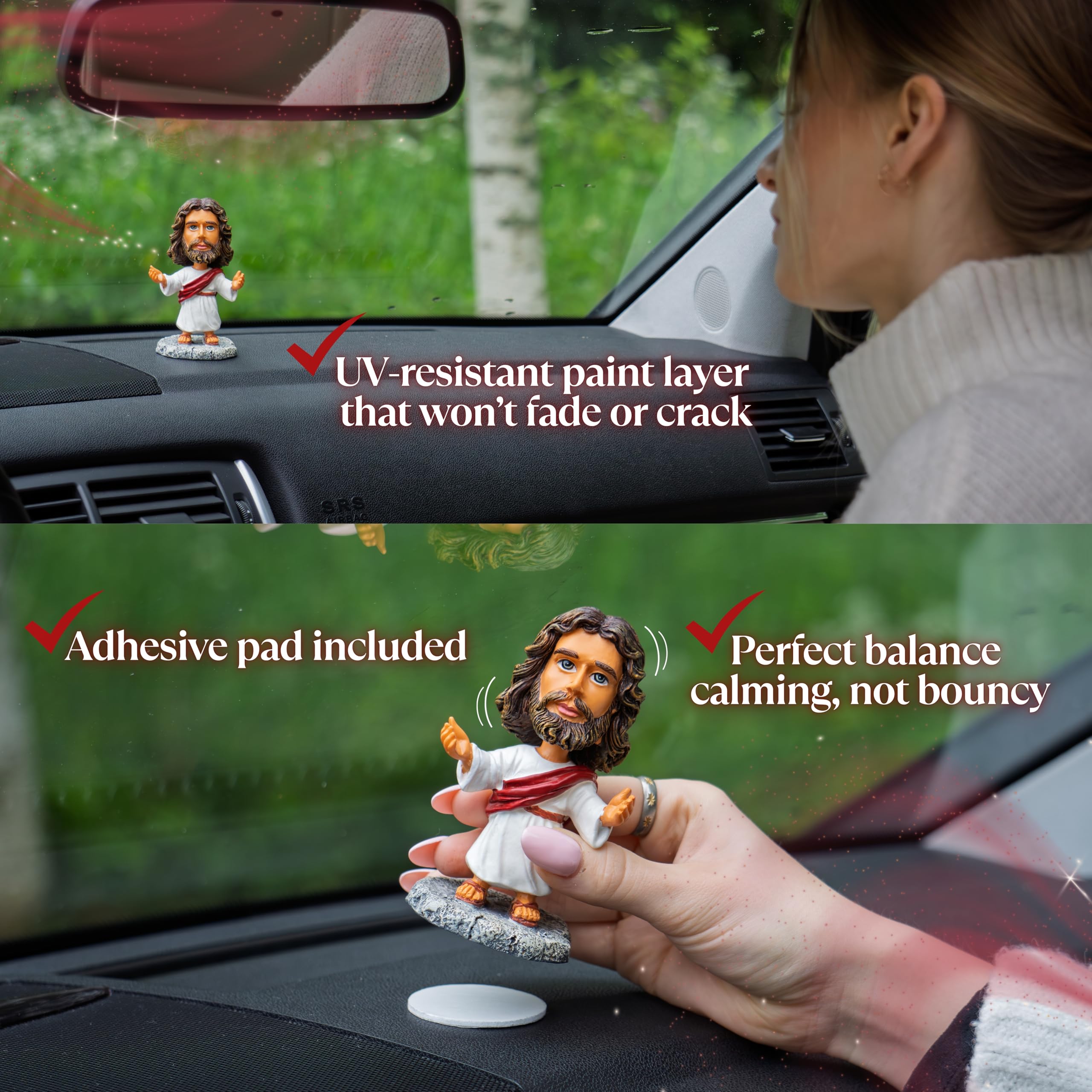 DECCED hand-painted Jesus bobblehead highlights intricate features for home or desk display.