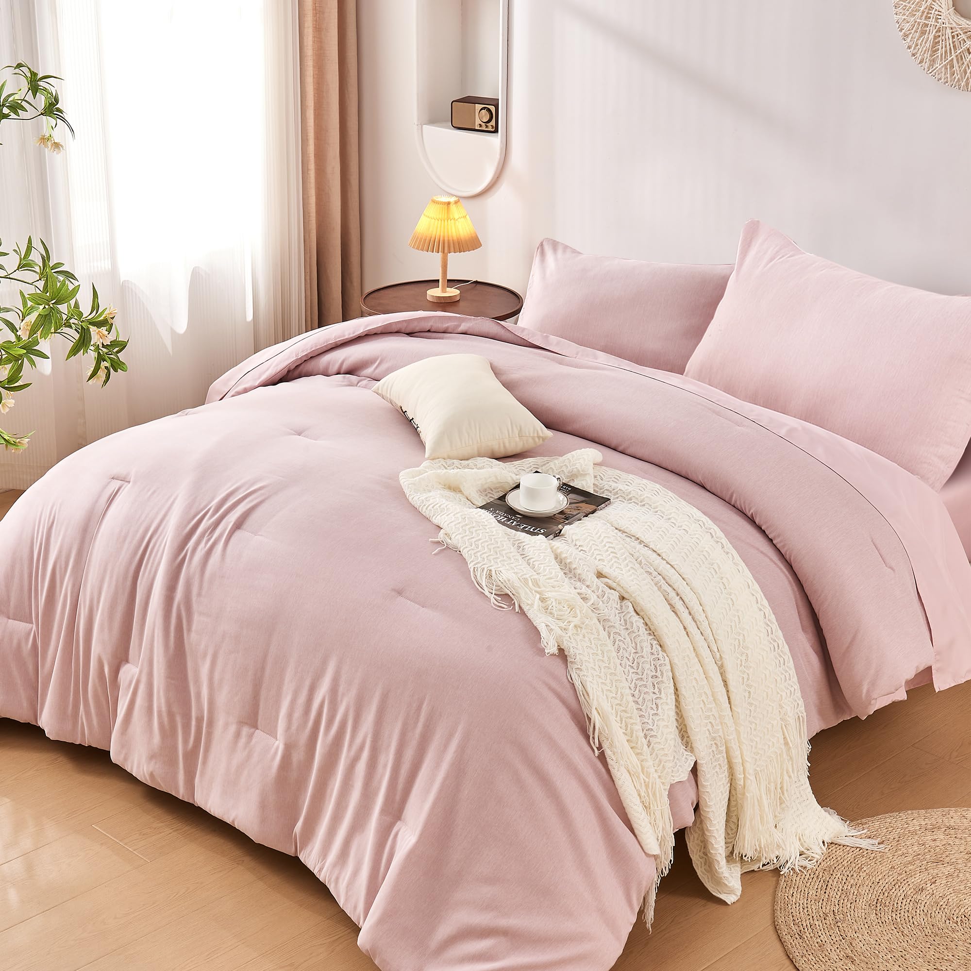 DECMAY twin comforter set pink cover closeup highlights soft fabric and colorfast finish.