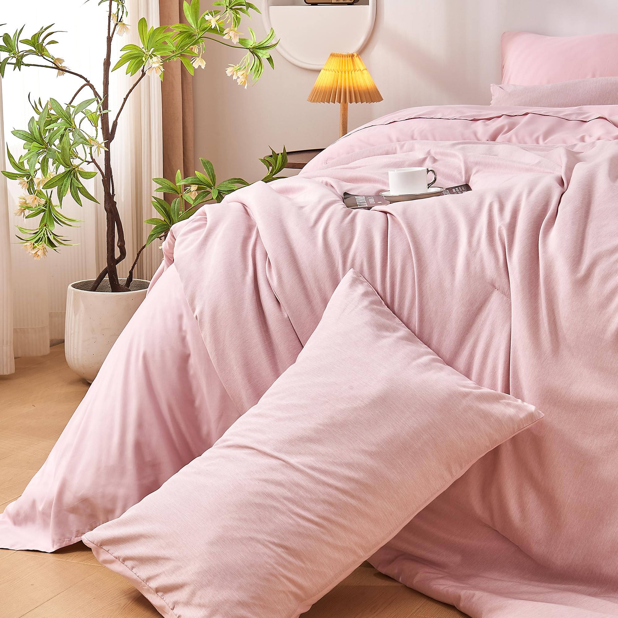 DECMAY pink duvet set draped scene demonstrates cozy all-season warmth and comfort.