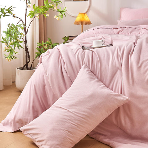 DECMAY pink duvet set draped scene demonstrates cozy all-season warmth and comfort.