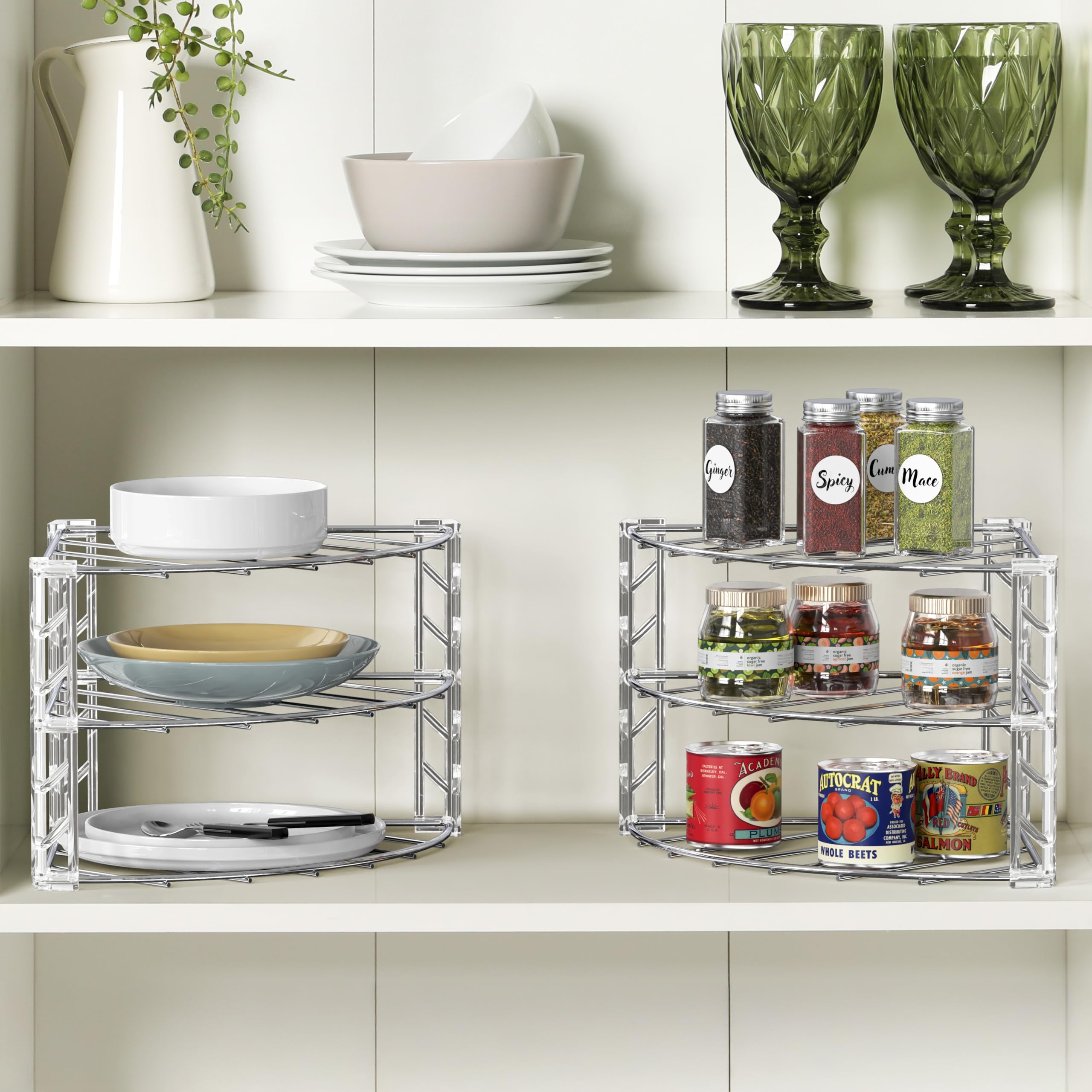 Chrome shelves display dishware and lids efficiently.