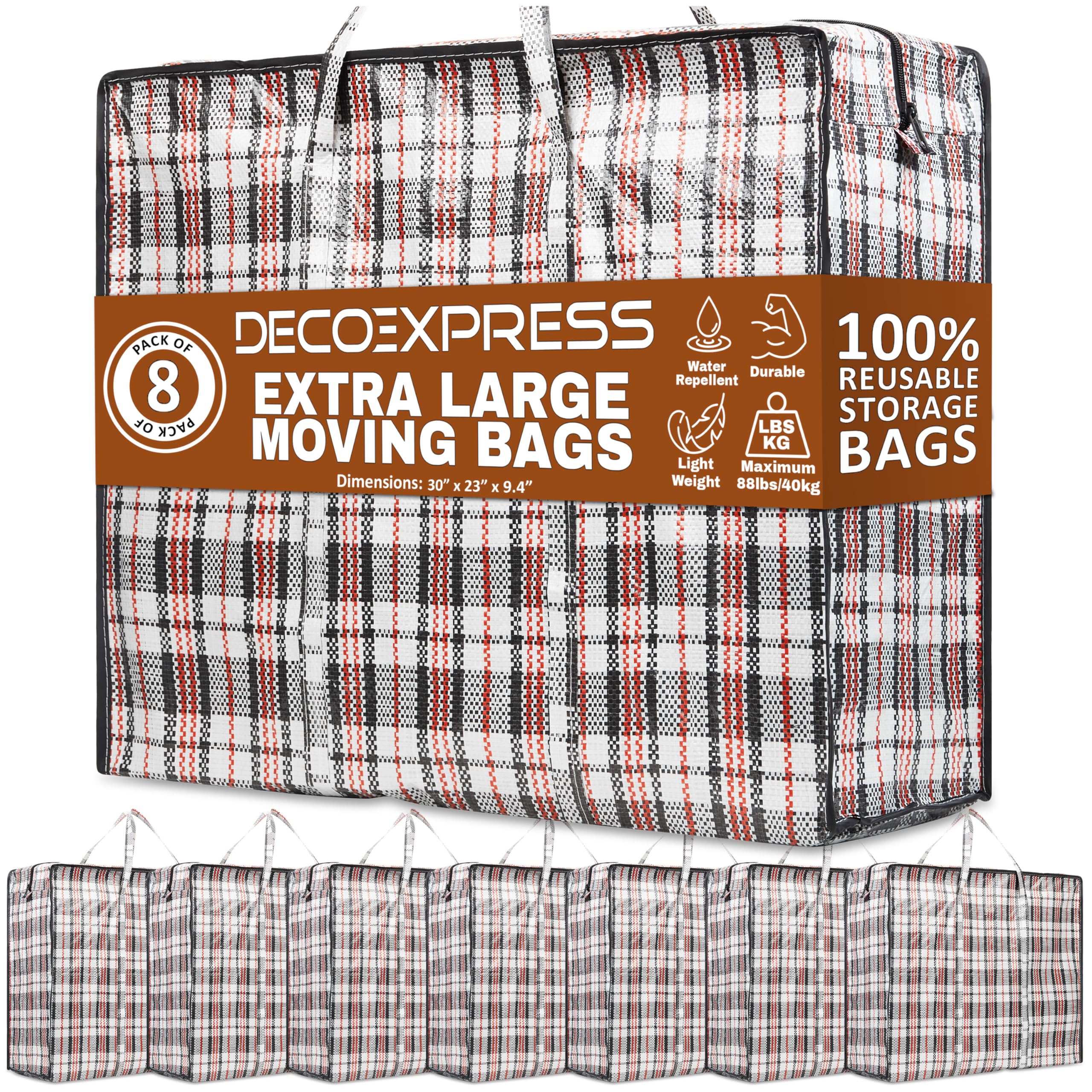 DECO EXPRESS 8-pack moving bags with zipper closeup for secure contents during moves.