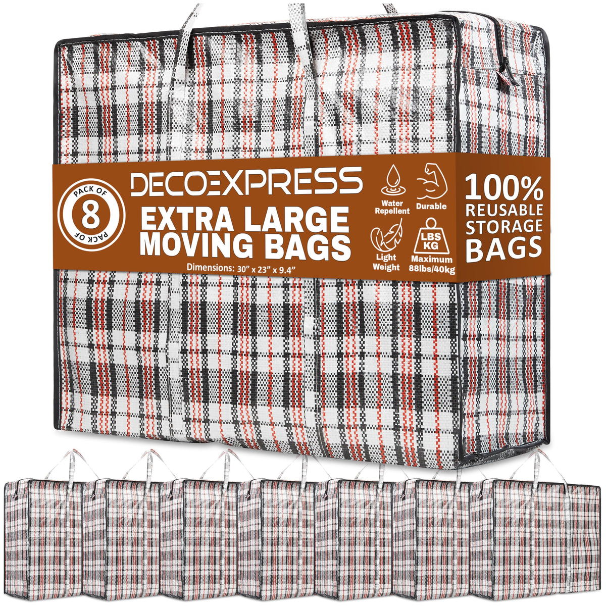DECO EXPRESS 8-pack moving bags with zipper closeup for secure contents during moves.