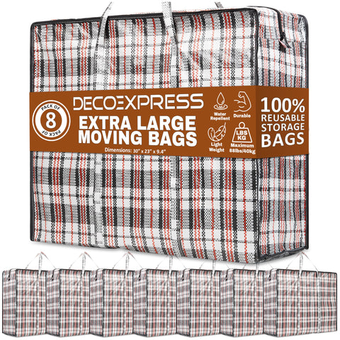 DECO EXPRESS 8-pack moving bags with zipper closeup for secure contents during moves.