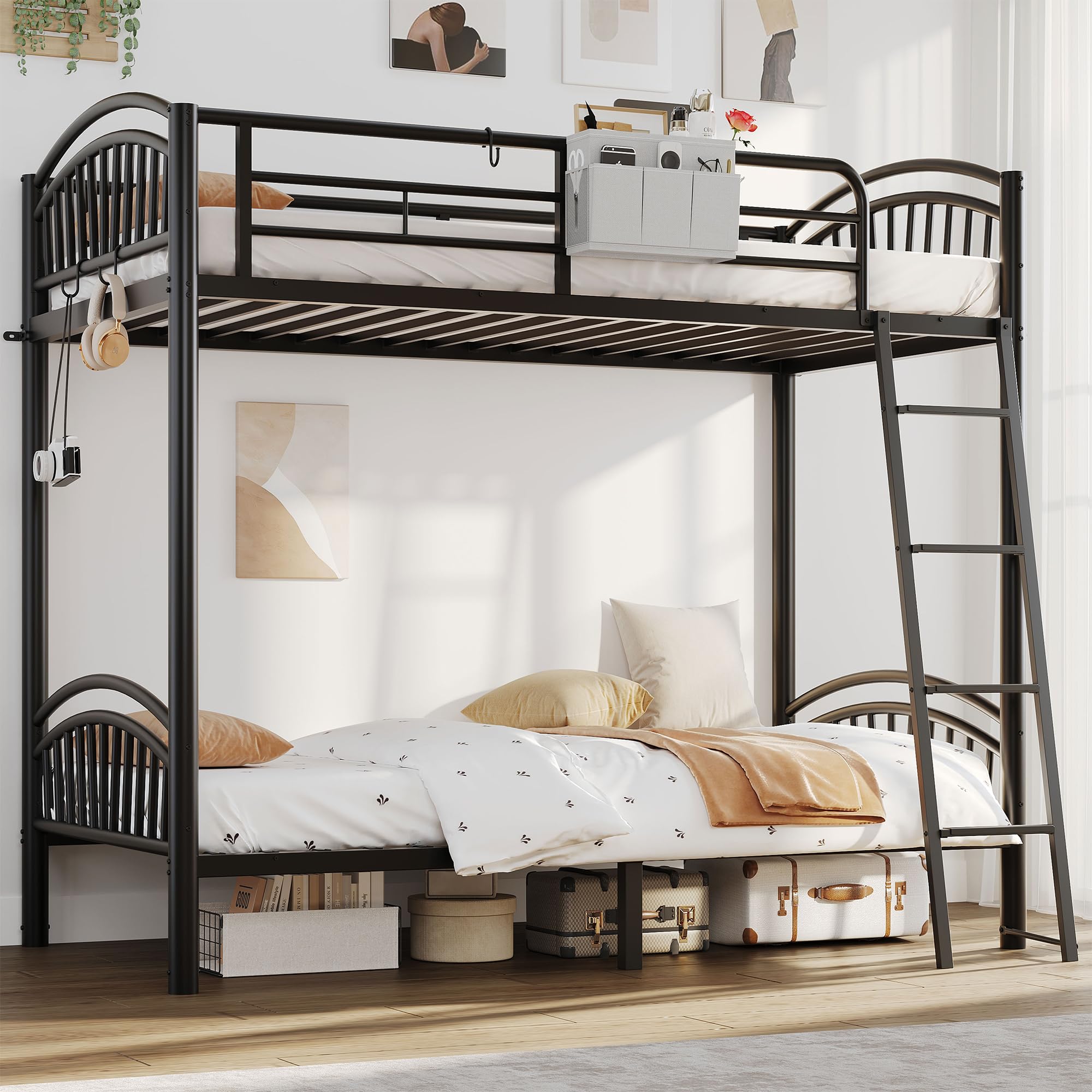 Decofy metal bunk bed frame with twin-over-twin design for durable teen sleep
