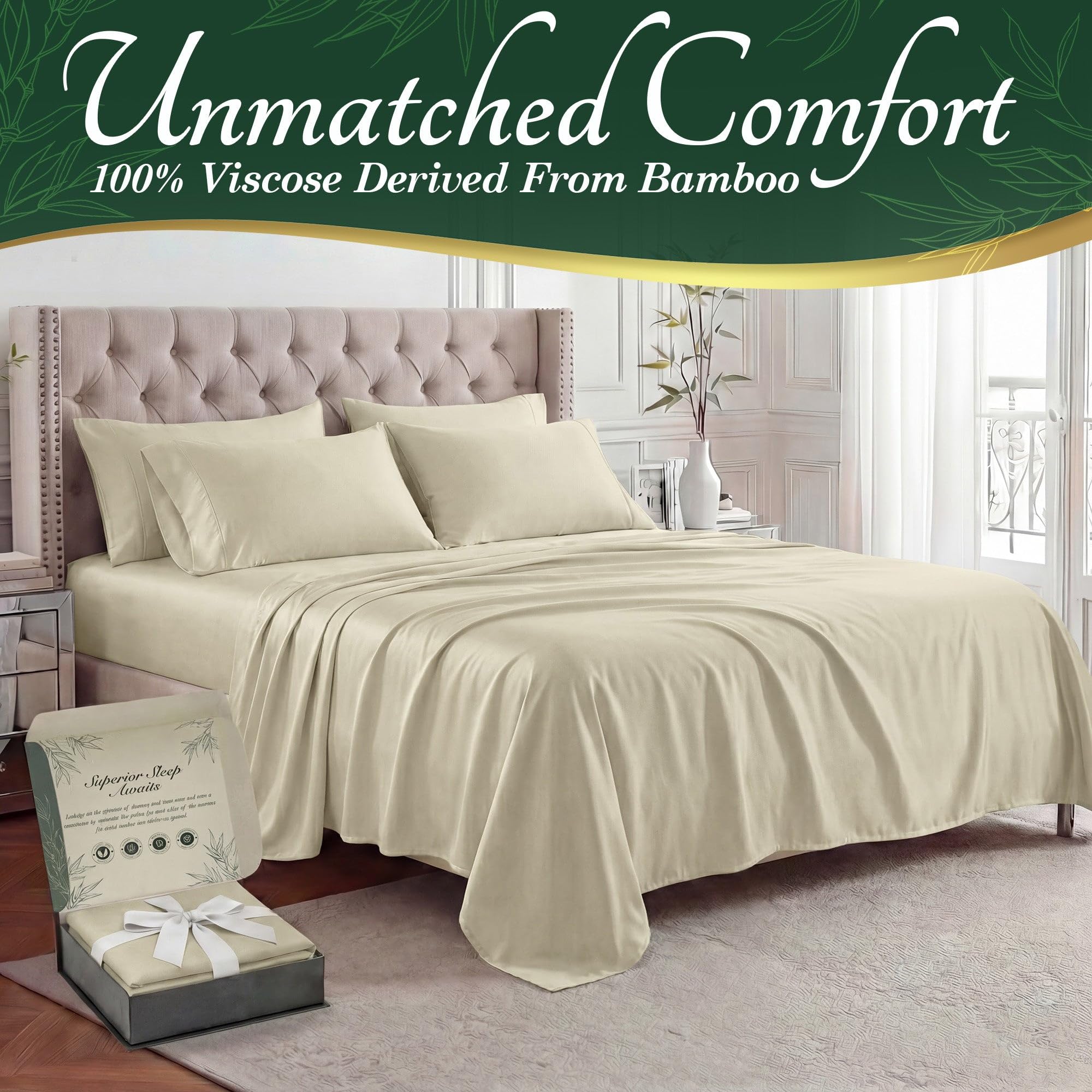 DECOLURE bamboo sheets fitted sheet for secure 17-pocket fit on queen beds