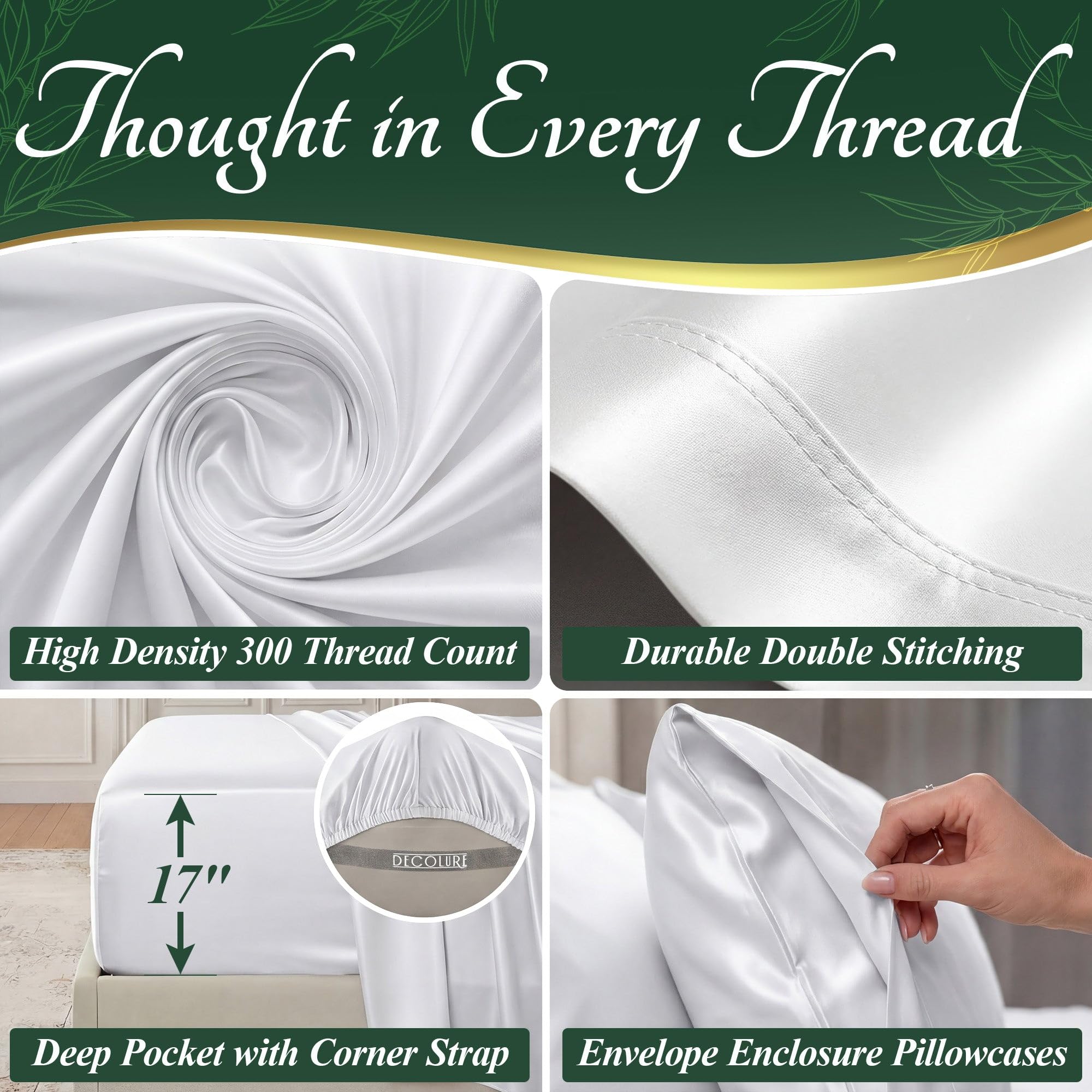 DECOLURE bamboo sheets feature durable double stitching for lasting strength.