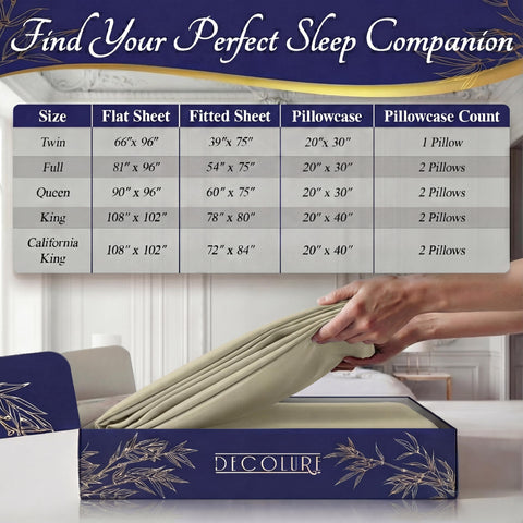 DECOLURE creme-colored bamboo sheets create a luxurious bedroom vibe