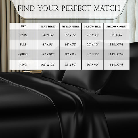 Bed with satin sheets in multiple colors illustrating available hues