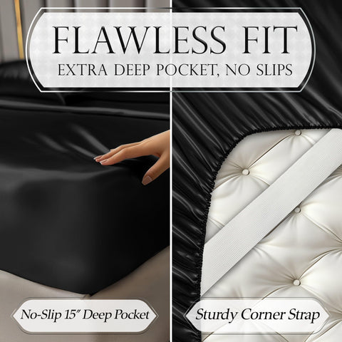 Bedroom scene displaying the satin sheets' soft sheen and style