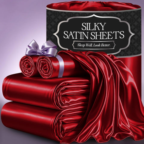 DECOLURE satin bed sheets in red king set offer luxurious, smooth comfort.