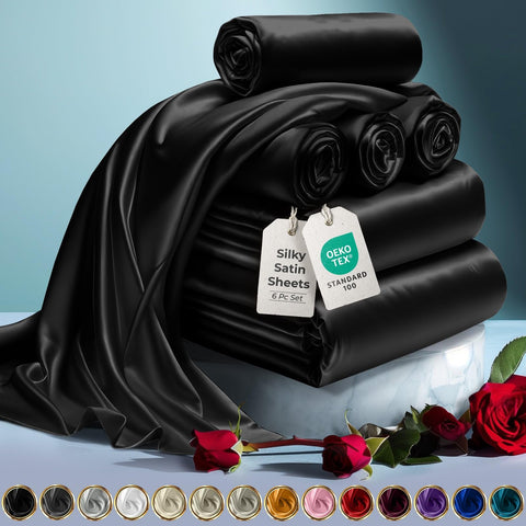 DECOLURE satin bed sheets set top view highlights silky sheen and wrinkle-free finish.