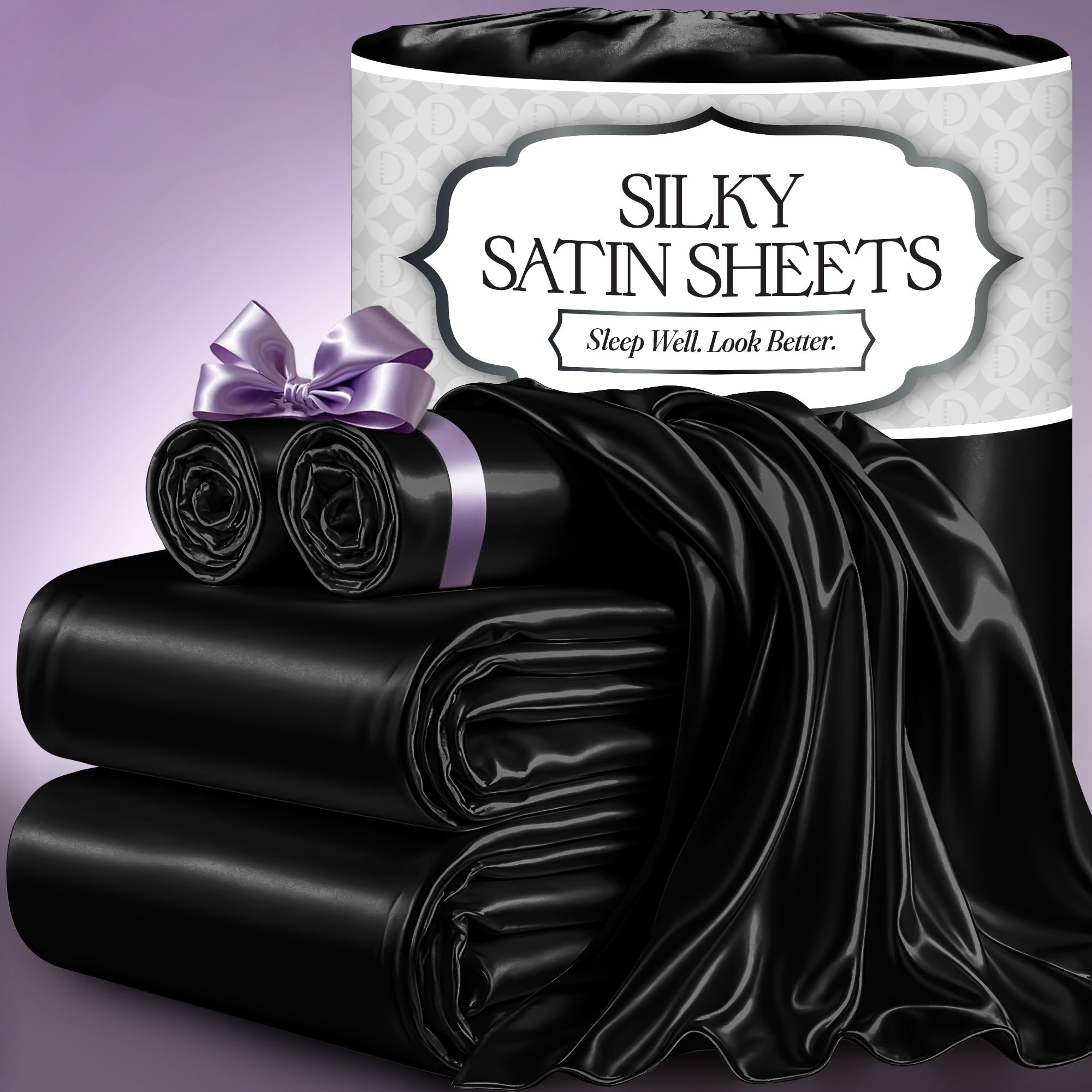 DECOLURE satin bed sheets set on a bed showing silky finish and smooth drape