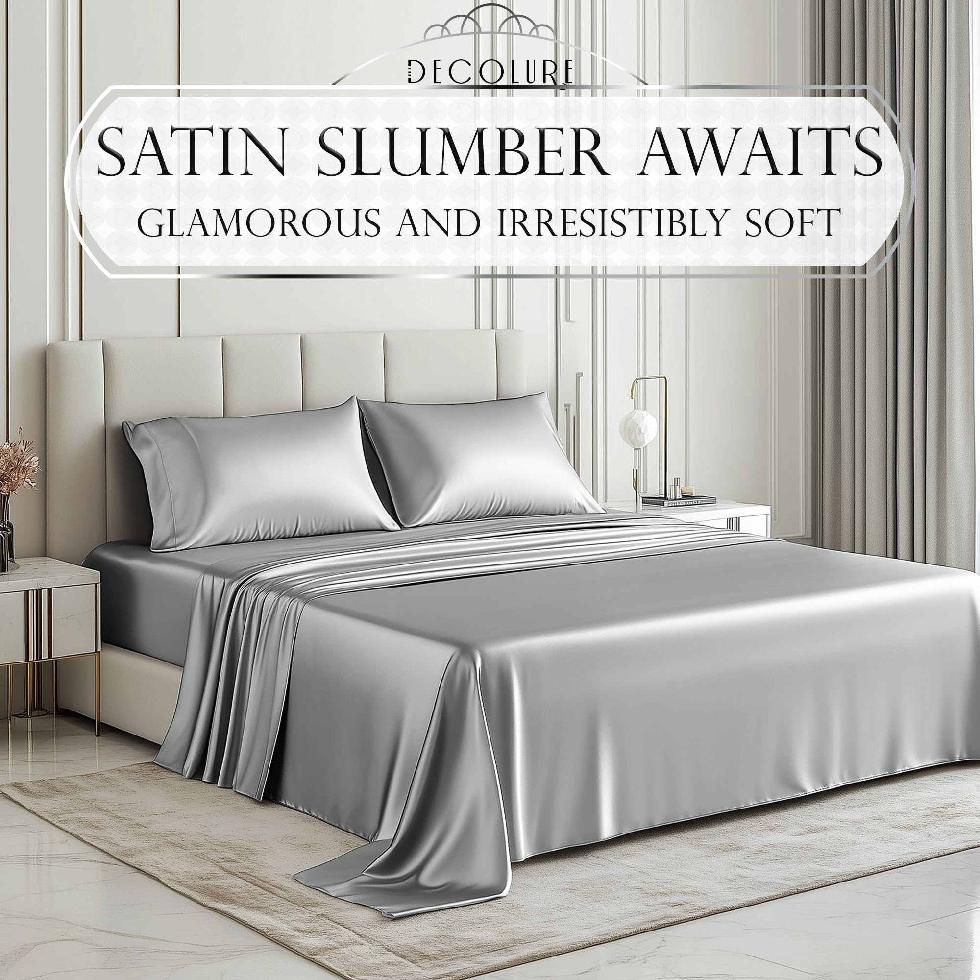 Decolure satin top sheet draped for a silky cool night feel