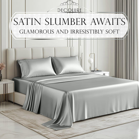 Decolure satin top sheet draped for a silky cool night feel